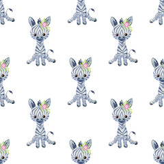 Fototapeta na wymiar Seamless pattern with cute animals on a white background. Hand painted watercolor illustration.
