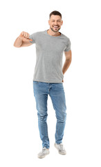 Fototapeta premium Man in stylish t-shirt on white background