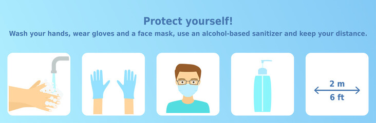 Vector illustration 'Protect yourself! Wash your hands, wear gloves and a face mask, use an alcohol-based sanitizer and keep your distance'. 5 icons set. Infographic for health posters and banners.