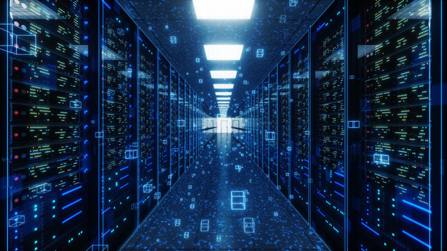 Modern interior server room data center. Connection and cyber network in dark servers. Backup, mining, hosting, mainframe, farm, cloud and computer rack with storage information. 3D rendering