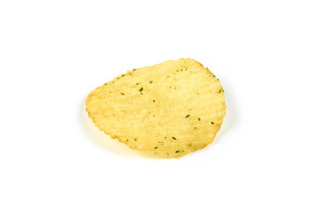 Yellow crispy ridged potato chips on white background