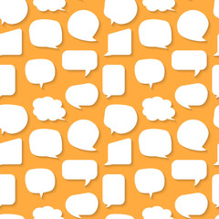 Speech soap bubble seamless pattern. Limitless orange background with white flat cartoon talk, message sign. Funny comics template. Repeat ornament for paper wrap, fabric, print. Vector illustration