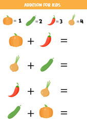 Addition for kids with cartoon vegetables.  Math game for kids.