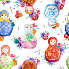 pattern of nesting dolls and flowers on a white background