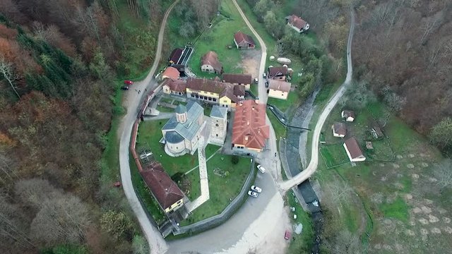 Raca Monastery, Serbia. Birdseye Aerial View of Christian Orthodox Shrine in Mountain Valley Near Bajina Basta City