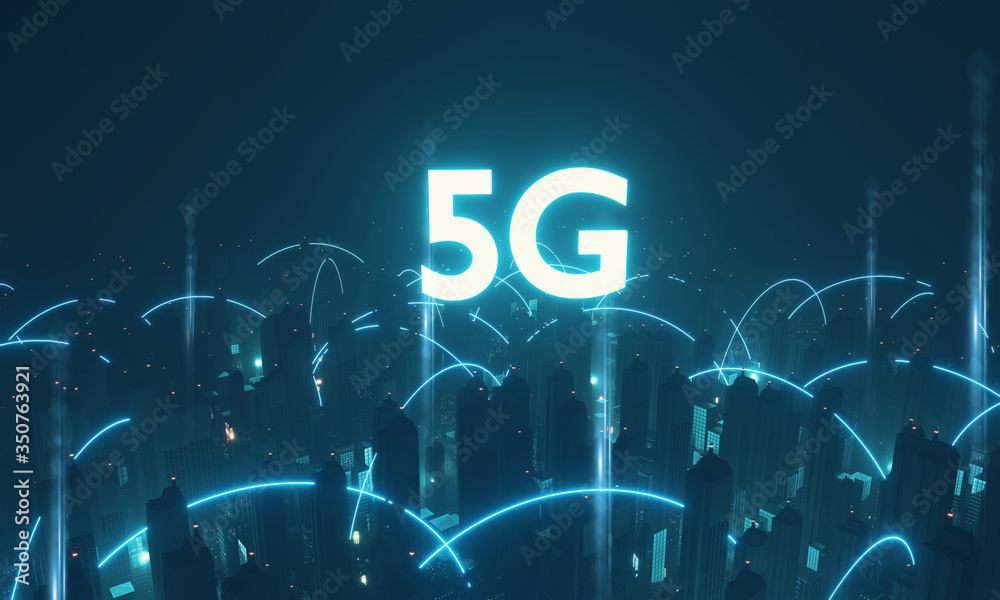 Poster 3d rendering of 5g text with virtual curve lines connection and futuristic technology city. concept 
