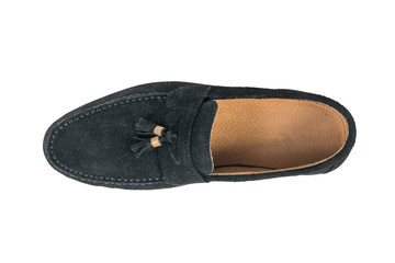 Black suede men's Shoe isolated on a white background. The view from the top.