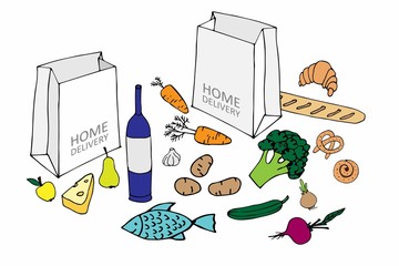 Set of products. Two paper bags with foods around. Lots of products, big food delivery home. Cartoon set. Online shopping, Express delivery. Ingredients for home recipes