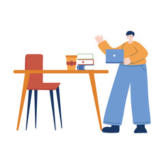 Man with laptop and books on desk vector design