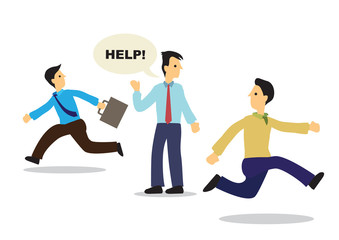 Colleagues run away from businessman asking for help.