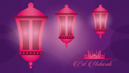 eid mubarak celebration card with lanterns hanging