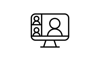 Video conference icon. Teleconference with people on computer screen. Home office in quarantine. Digital talk. Internet teaching media communication.