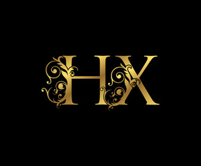 Luxury Gold H, X and HX Letter Floral logo. Vintage Swirl drawn emblem for weeding card, brand name, letter stamp, Restaurant, Boutique, Hotel.