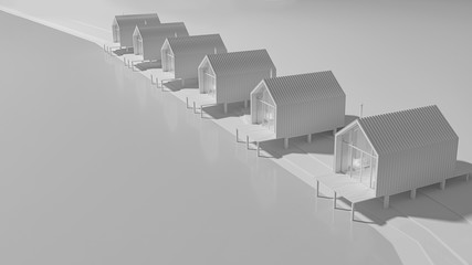 Perspective view from above several rural houses in the style of barnhouse built in a line by the lake. Concept art in gray tones with evening lighting with copy space. 3D illustration.