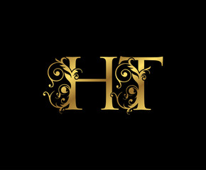 Luxury Gold H, T and HT Letter Floral logo. Vintage Swirl drawn emblem for weeding card, brand name, letter stamp, Restaurant, Boutique, Hotel.