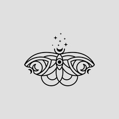 Mystical butterfly logo with moon and stars in a trendy minimal linear style. Vector emblem symbol of witchcraft