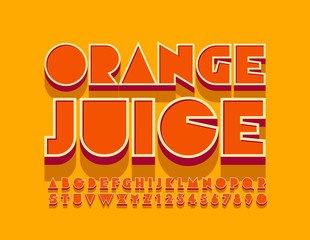 Vector creative sign Orange Juice. 3D Retro Font. Bright Alphabet Letters and Numbers