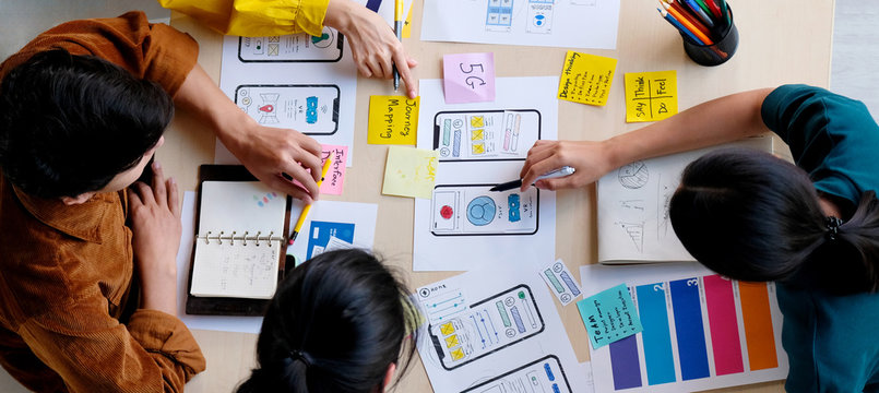 Brainstorm planing creative asian teamwork, Group of asia mobile phone app developer team meeting for ideas about screen display prototype smartphone layout, ux startup small business, top view