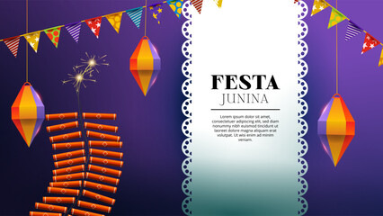 Festa junina with pyrotechnics, lantern and pennants