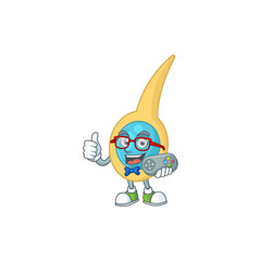 Cartoon mascot design of clostridium tetani play a game with controller