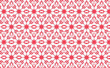 Red hearts and stars made from block shapes in a repeating pattern against a white background