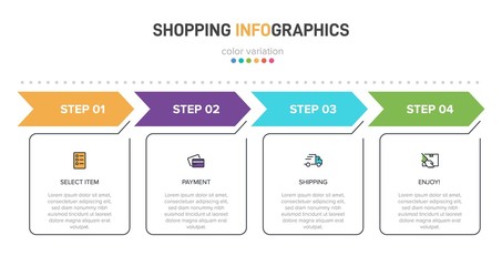 Concept of shopping process with 4 successive steps. Four colorful graphic elements. Timeline design for brochure, presentation, web site. Infographic design layout.