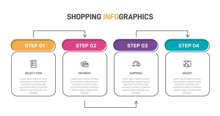 Concept of shopping process with 4 successive steps. Four colorful graphic elements. Timeline design for brochure, presentation, web site. Infographic design layout.
