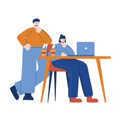 Woman and man with laptop and coffee mug on desk vector design