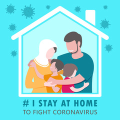 COVID-19 Muslim Family I Stay at Home to Fight Coronavirus, Stay Safe, Prevent Infection, Family at Home, Father, Mother, Son, Daughter. Hug, Heart Warming and Cozy Feeling Blue Tone Vector Graphics