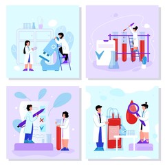 Blood research and donation banners set with doctors cartoon vector illustration.