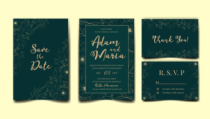 Green Wedding invitation card template set with hand drawn outline floral frame and border. Flowers decoration for save the date, greeting, rsvp, poster, cover, Botanic illustration premium vector