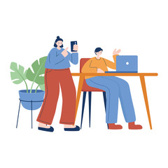 Woman and man with smartphone and laptop vector design