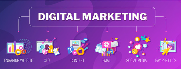Digital marketing banner. Infographics Pictogram. Flat vector illustration.