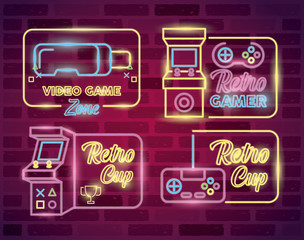 Fototapeta na wymiar retro video game neon with set icons