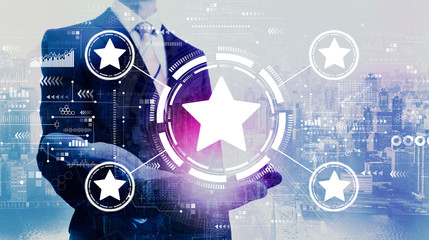 Rating star concept with businessman on a city background