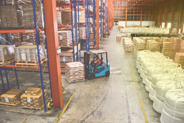 Forklift pick up pallets of cargo from shorting area to place on the rack shelf. Distribution...