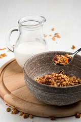 Granola in the bowl and jug with milk