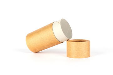 Biodegradable recycling paper tube as alternative packaging concept, reusable cardboard containers for packaging isolated on white background with copyspace, mockup