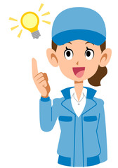 ひらめく青い作業着を着た女性の上半身
