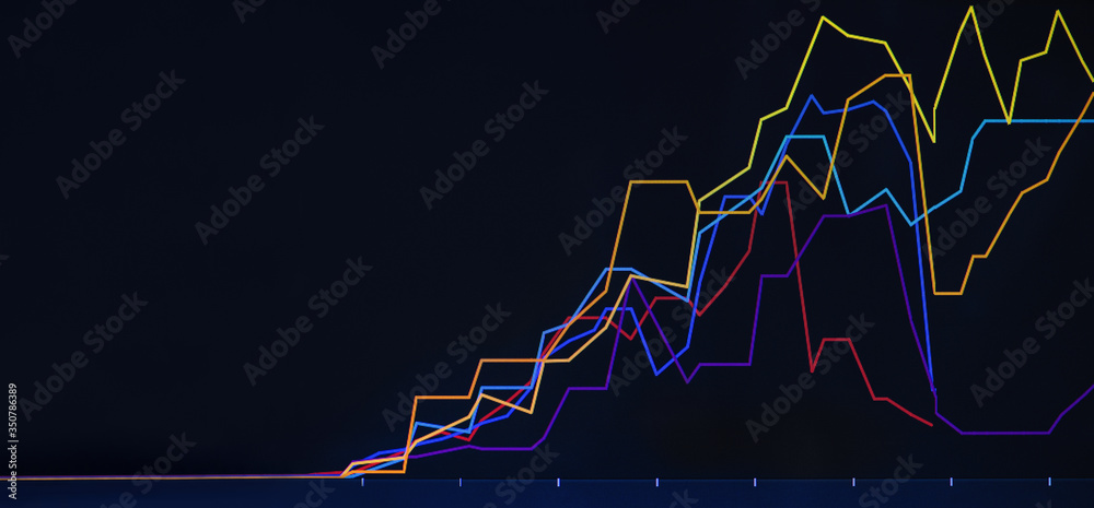 Wall mural graph of the incidence. stock market chart on blue background. multi-colored lines on the chart. cor