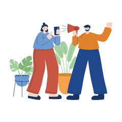 Woman and man with smartphone and megaphone vector design