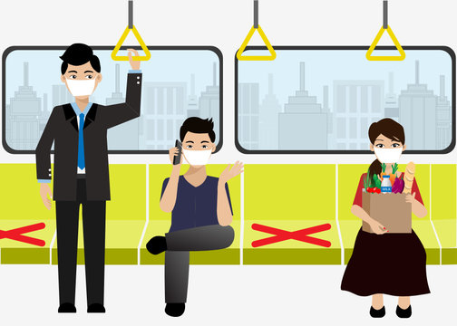 Social Distancing.Passenger in sky train with surgical face mask keeping distance to protect from COVID-19 corona virus diseases.Idea for COVID-19 outbreak and prevention in public transportation.