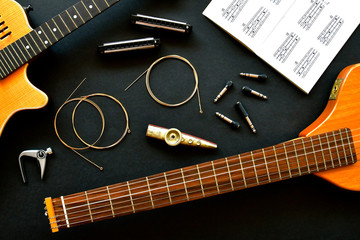 Mandolin and guitar flatlay
