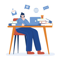 Woman with laptop and books on desk vector design