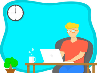 Work from home, Home office, study from home concept. Man wear glasses siting on chair and working on laptop with copy space.