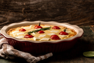 Traditional Greek pie Spanakopita with spinach with spinach and feta cheese. Food recipe background. top view