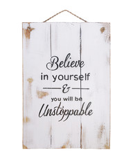 white wooden poster isolated on white background. Details of modern boho, bohemian style . eco design interior