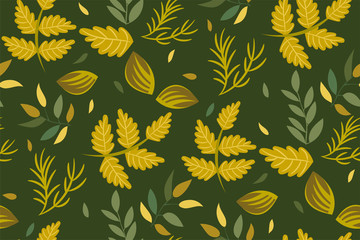 Naklejka na ściany i meble Seamless pattern with different foliage of trees, branches, green leaves, herbs, forest plants on a dark background. A Botanical print, template in a mystical color palette. Vector illustration.