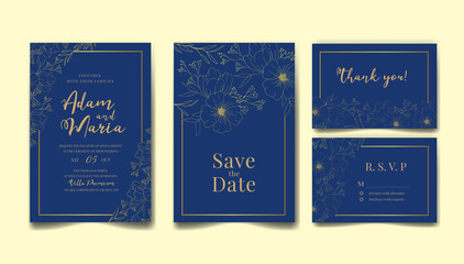 blue outline wedding invitation card set  retro rustic vintage modern abstract doodle hand drawn floral and beauty flower background template mockup ormockup ornament gold colorful vector illustration