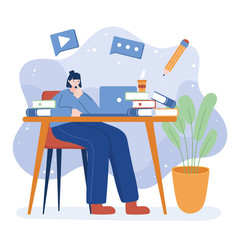 Woman with laptop and books on desk vector design